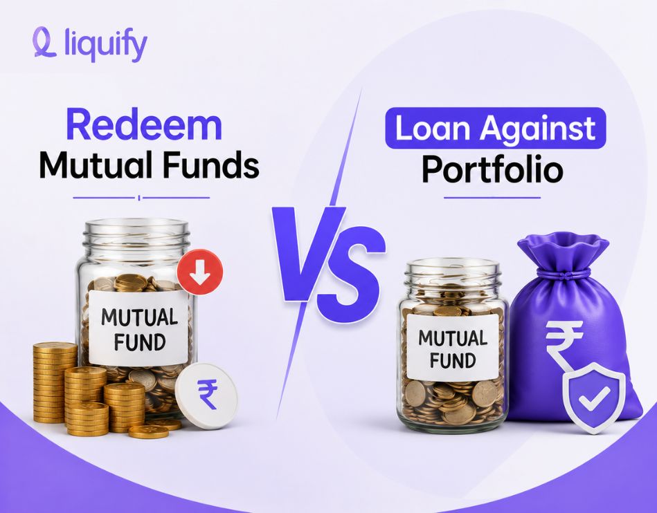 Redeem mutual funds vs loan against portfolio comparison – mutual fund jar with rupee coin and money bag shield by Liquify