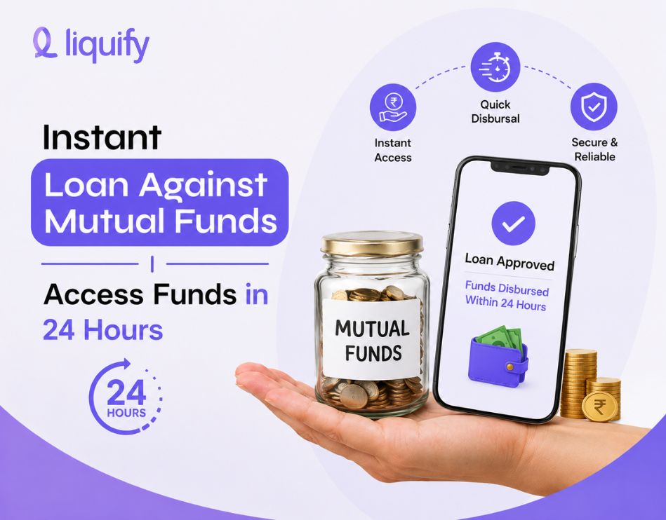 Instant loan against mutual funds with access to funds in 24 hours – loan approved mobile app, mutual fund jar, and gold coins by Liquify