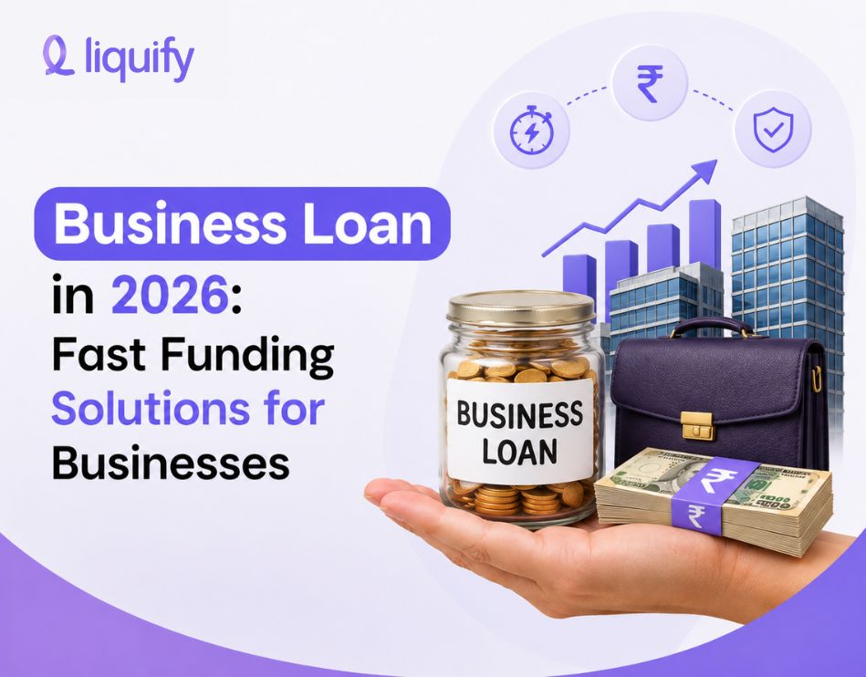 Business loan in 2026 fast funding solutions – business loan jar, briefcase, cash, and growth chart by Liquify