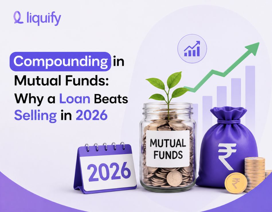 Compounding in mutual funds why a loan beats selling in 2026 – mutual fund jar with plant, growth chart, and rupee money bag by Liquify