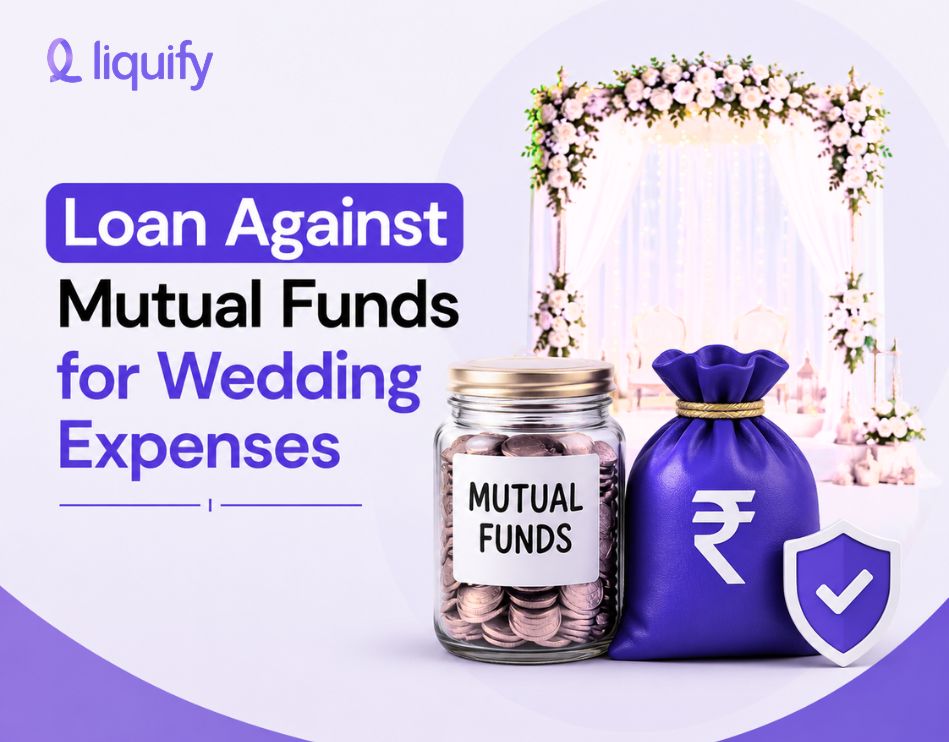 Loan against mutual funds for wedding expenses – quick funds with a money bag and rupee shield icon by Liquify