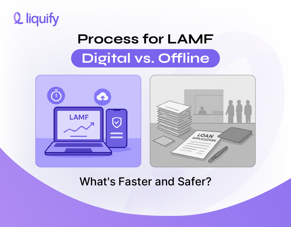 Graphic illustrating the digital vs offline process for a loan against mutual funds, comparing a laptop screen to physical paperwork.