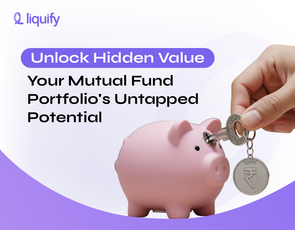 Loan against mutual fund portfolio banner showing a hand unlocking a piggy bank with a key
