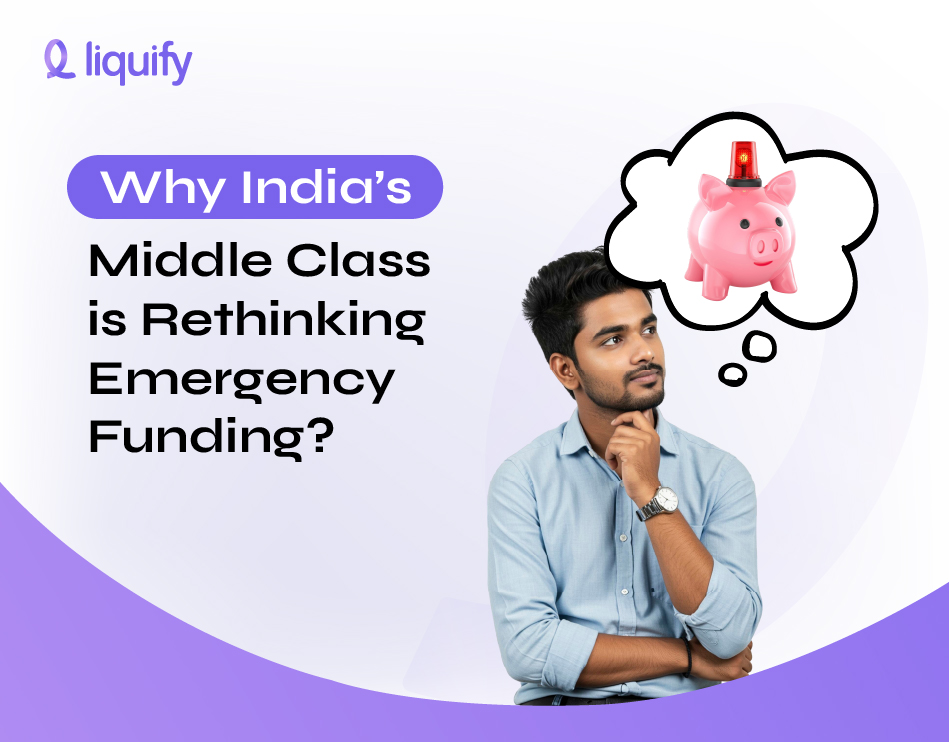 A thoughtful Indian man planning his best emergency fund India strategy with a pink piggy bank showing an emergency siren icon in a thought bubble