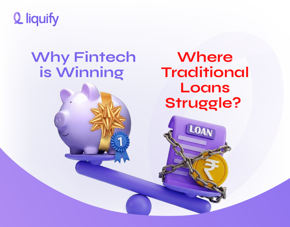 Fintech lending vs traditional banking comparison banner with a winning piggy bank and a chained loan document on a seesaw