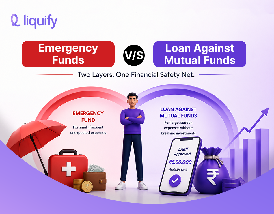 Emergency funds vs loan against mutual funds comparison showing small emergency savings versus borrowing against mutual fund investments for larger expenses.