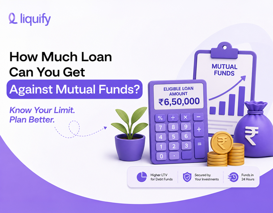 How much loan can you get against mutual funds infographic showing eligible loan amount, higher LTV, secured borrowing, and 24-hour loan disbursal.
