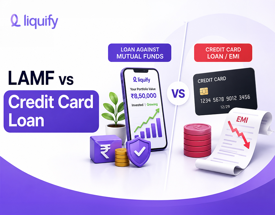 LAMF vs credit card loan comparison showing lower-cost borrowing against mutual funds versus high-interest credit card EMI loans.